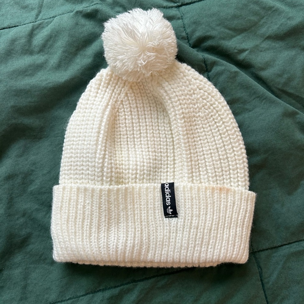 Adidas White Ribbed Knit Pom-Pom Hat